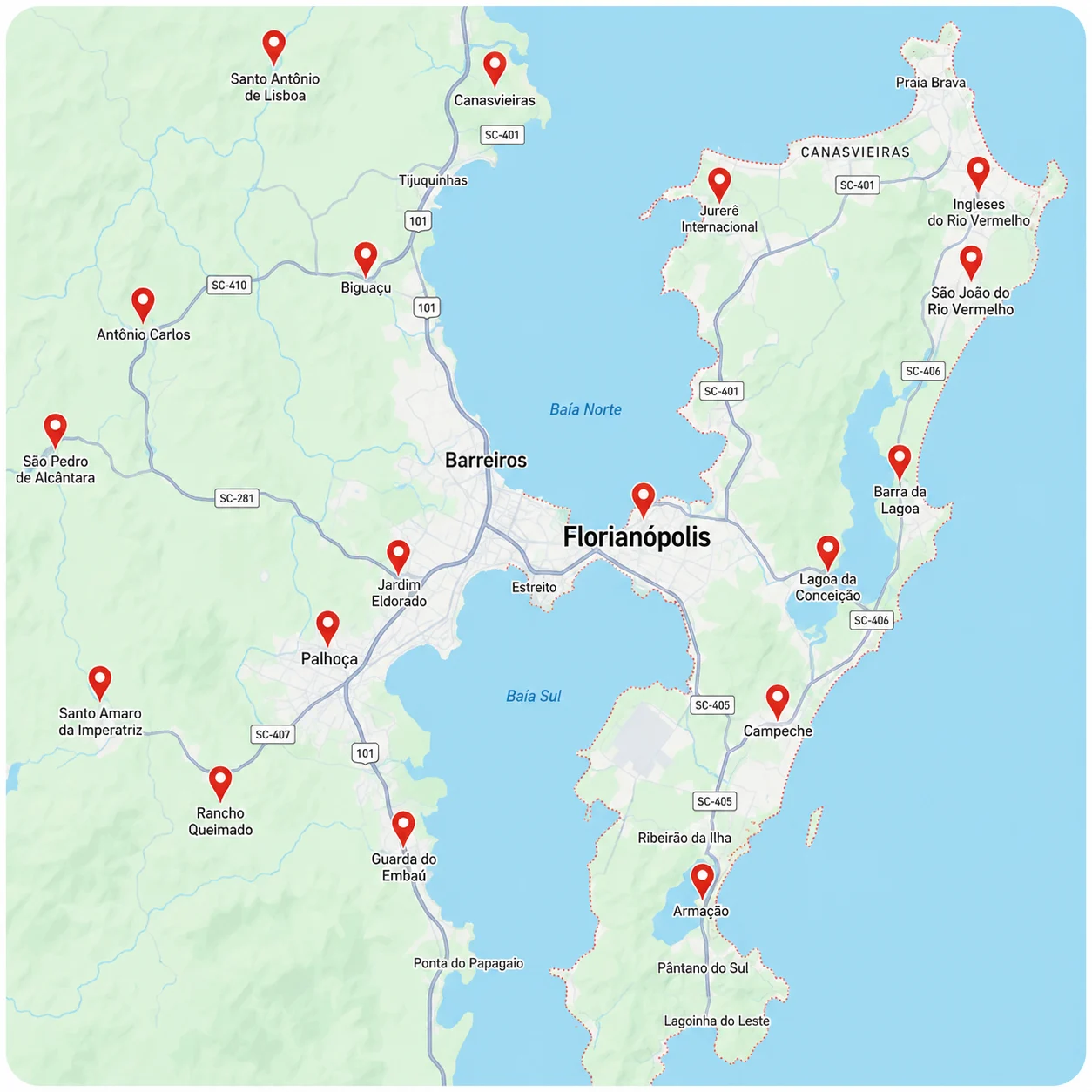Mapa ilustrativo das regiões atendidas pela Piscina Saul em Florianópolis e municípios próximos.